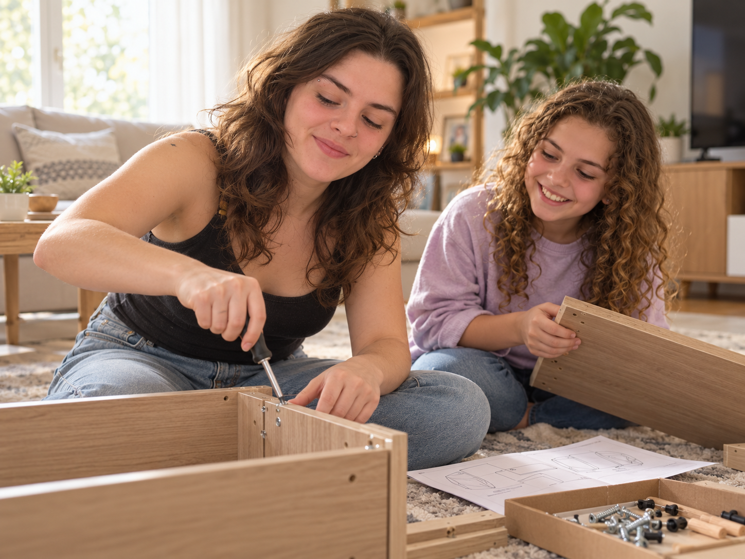 A woman and child happily assembling a piece of furniture together in a bright living room.