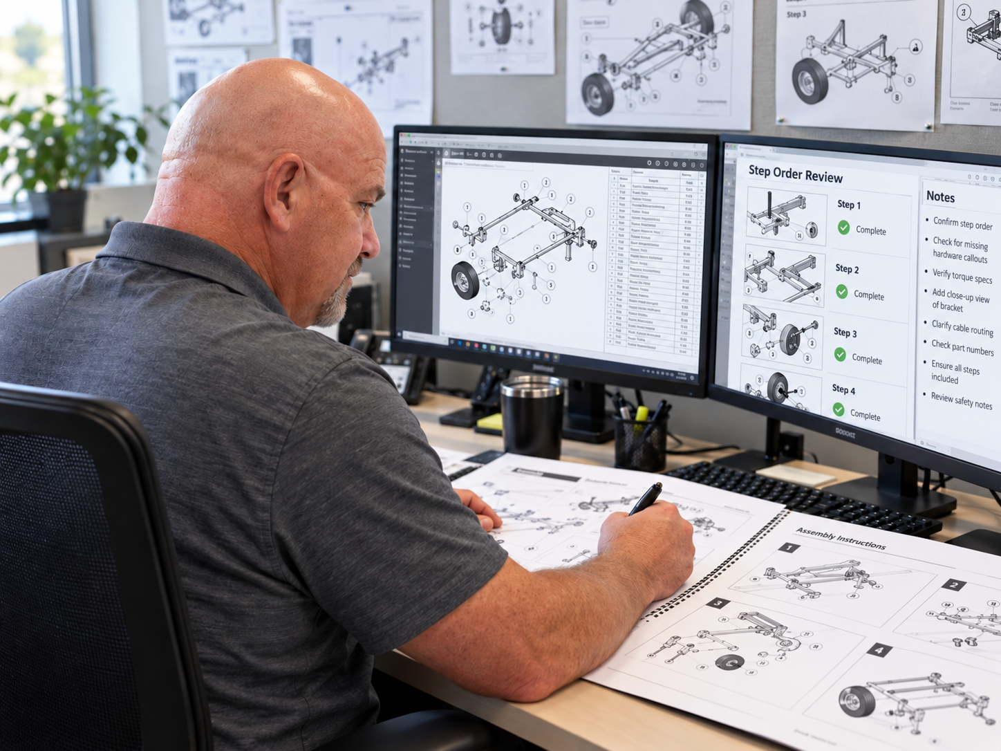 A technical reviewer comparing assembly diagrams and step order across multiple monitors and printed instructions.